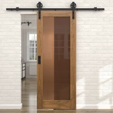 Раздвижная амбарная дверь RL001 (шпон дуб античный с патиной, сатинат бронзовый) — 15504