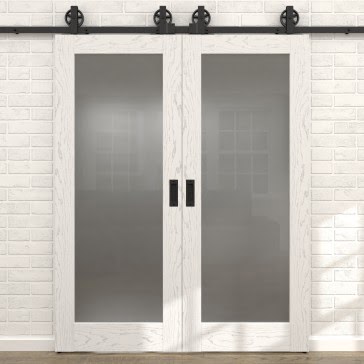 Раздвижная амбарная дверь RL001 (шпон ясень белый с патиной, остекленная)