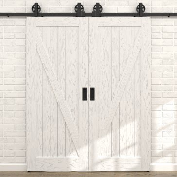 Двустворчатая раздвижная амбарная дверь RL001 (шпон ясень белый с патиной серебро, глухая) — 15719