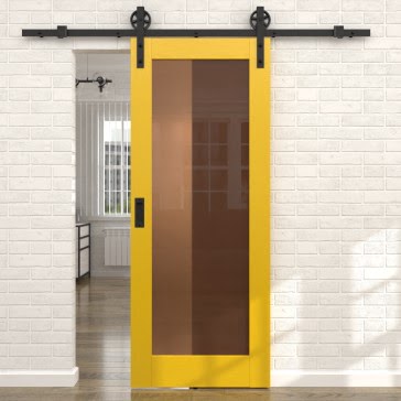 Раздвижная амбарная дверь RL001 (эмаль RAL 1032 по шпону ясеня, сатинат бронзовый) — 15510