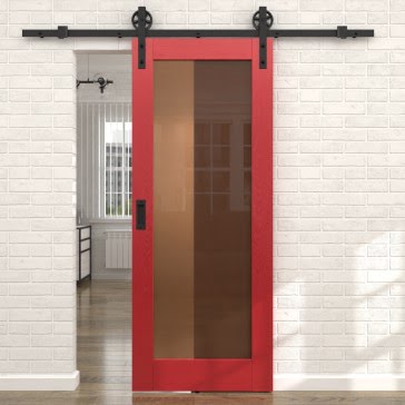Раздвижная амбарная дверь RL001 (эмаль RAL 3001 по шпону ясеня, сатинат бронзовый) — 15513
