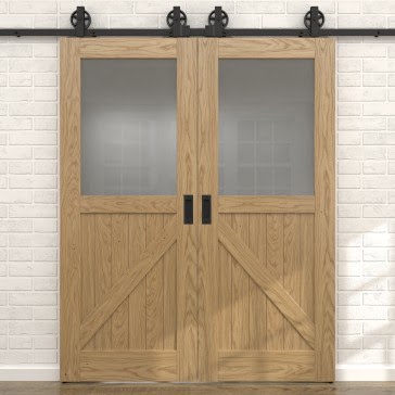 Двустворчатая раздвижная амбарная дверь RL002 (натуральный шпон дуба, остекленная) — 15671
