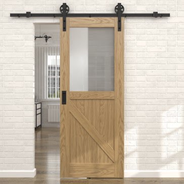 Раздвижная амбарная дверь RL002 (натуральный шпон дуба, остекленная) — 15523