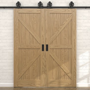 Двойная сдвижная амбарная дверь Loft, каркас из массива сосны и МДФ, RL002 (натуральный шпон дуба)
