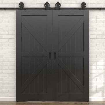 Двустворчатая раздвижная амбарная дверь RL002 (шпон ясень черный, глухая) — 15677