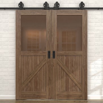 Двустворчатая раздвижная амбарная дверь RL002 (шпон американский орех, сатинат бронзовый) — 15674