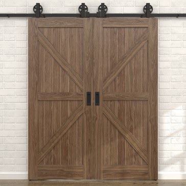 Двустворчатая раздвижная амбарная дверь RL002 (шпон американский орех, глухая) — 15672