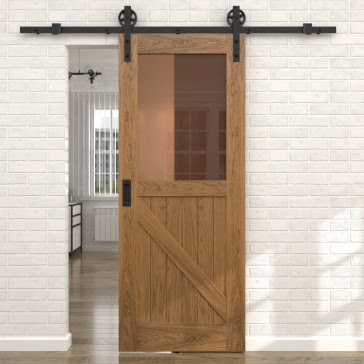 Раздвижная амбарная дверь RL002 (шпон дуб античный с патиной, стекло бронзовое)