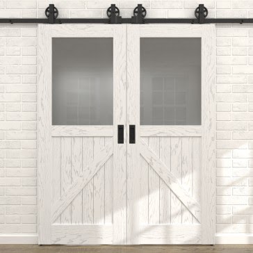 Двустворчатая раздвижная амбарная дверь RL002 (шпон ясень белый с патиной серебро, сатинат) — 15722