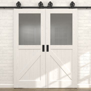 Межкомнатная амбарная дверь в стиле Лофт, каркас из древесины сосны, RL002 (шпон ясень белый, остекление)