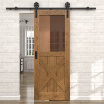 Раздвижная амбарная дверь RL003 (шпон дуб античный с патиной, сатинат бронзовый) — 15550