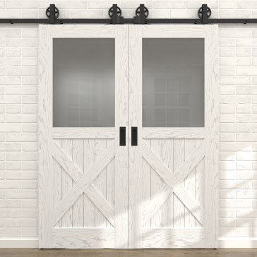 Двустворчатая раздвижная амбарная дверь RL003 (шпон ясень белый с патиной серебро, сатинат) — 15725