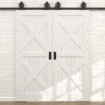 Двустворчатая раздвижная амбарная дверь RL003 (шпон ясень белый с патиной серебро, неостекленная) — 15723