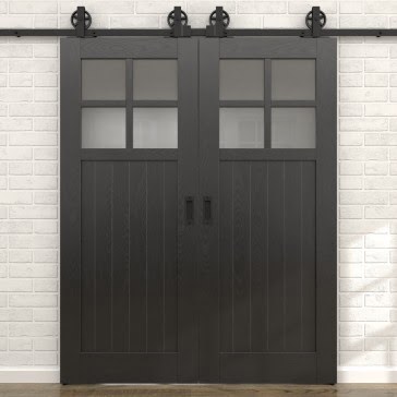 Двустворчатая раздвижная амбарная дверь RL004 (шпон ясень черный, сатинат) — 15697