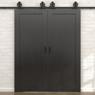 Двустворчатая раздвижная амбарная дверь RL004 (шпон ясень черный, глухая) — 15696