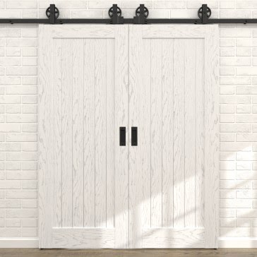 Двустворчатая раздвижная амбарная дверь RL004 (шпон ясень белый с патиной серебро, глухая) — 15726