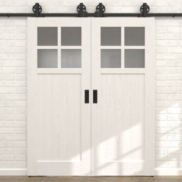 Двустворчатая раздвижная амбарная дверь RL004 (шпон ясень белый, сатинат) — 15695