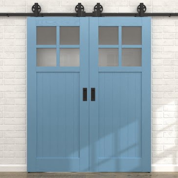 Двустворчатая раздвижная амбарная дверь RL004 (эмаль RAL 5024 по шпону ясеня, сатинат) — 15686