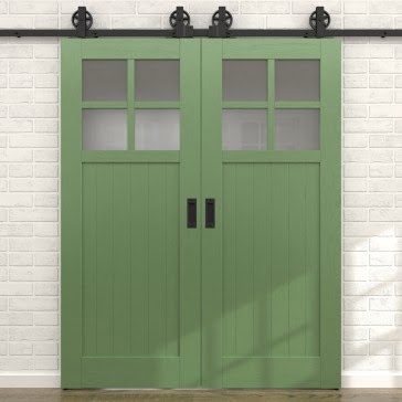 Двустворчатая раздвижная амбарная дверь RL004 (эмаль RAL 6011 по шпону ясеня, сатинат) — 15688