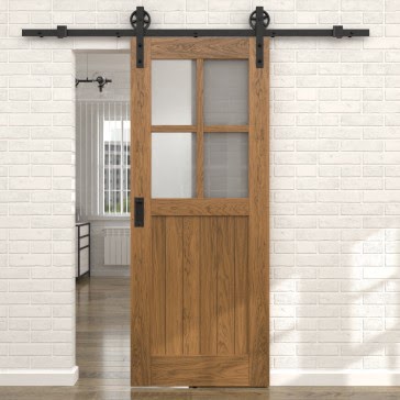 Раздвижная амбарная дверь RL005 (шпон дуб античный с патиной, стекло сатинато)