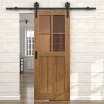 Раздвижная амбарная дверь RL005 (шпон дуб античный с патиной, стекло бронзовое)