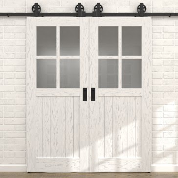 Раздвижная амбарная дверь RL005 (шпон ясень белый с патиной, остекленная)