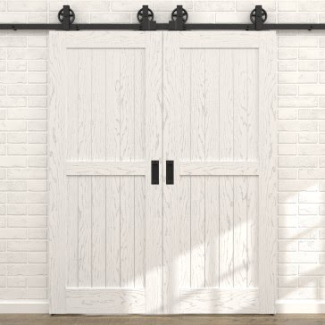 Двустворчатая раздвижная амбарная дверь RL005 (шпон ясень белый с патиной серебро, глухая) — 15728