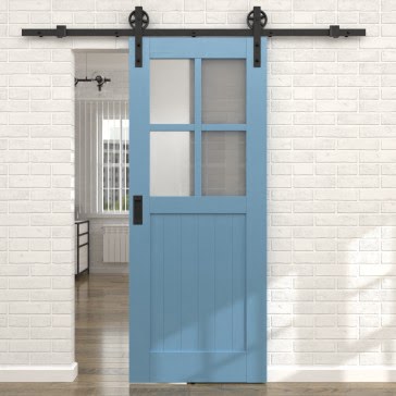 Раздвижная амбарная дверь RL005 (эмаль RAL 5024 по шпону ясеня, сатинат) — 15612