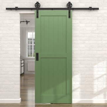 Раздвижная амбарная дверь RL005 (эмаль RAL 6011 по шпону ясеня, глухая) — 15613