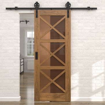 Раздвижная амбарная дверь RL006 (шпон дуб античный с патиной, стекло бронзовое)