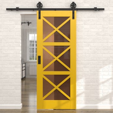 Раздвижная амбарная дверь RL006 (эмаль RAL 1032 по шпону ясеня, сатинат бронзовый) — 15629