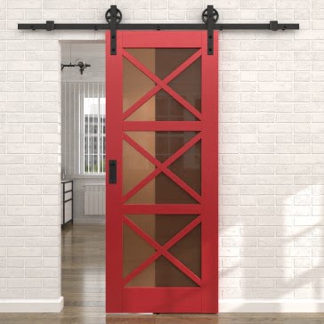 Раздвижная амбарная дверь RL006 (эмаль RAL 3001 по шпону ясеня, сатинат бронзовый) — 15632