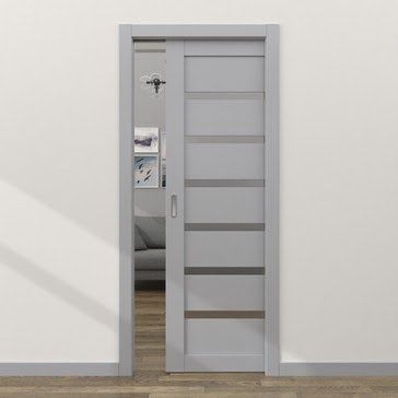 Дверь-пенал межкомнатная RM002 (экошпон серый, матовое стекло)