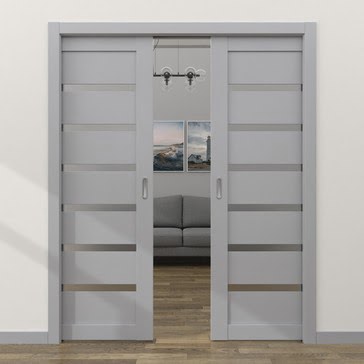 Дверь пенал раздвижная, встроенная RM002 (экошпон серый, матовое стекло)