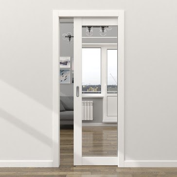 Дверь пенал раздвижная, встроенная RM048 (экошпон белый, зеркало)