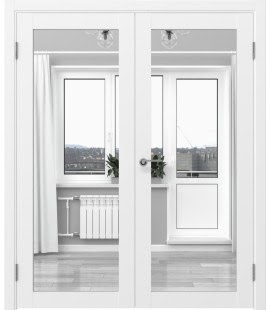 Межкомнатная двустворчатая распашная дверь RM048 (экошпон белый (под эмаль), зеркало с одной стороны)