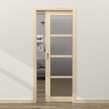 Дверь пенал раздвижная, встроенная RM059 (экошпон лиственница кремовая, матовое стекло)