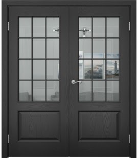 Распашная двустворчатая дверь SK011 (шпон ясень черный, стекло прозрачное) — 15107