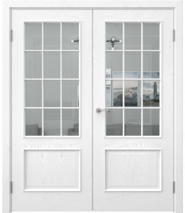 Двустворчатая дверь SK011 (шпон ясень белый, стекло прозрачное)