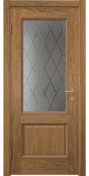 Межкомнатная дверь в стиле классика, SK014 (шпон дуб античный с патиной, стекло с гравировкой)