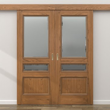 Раздвижная двустворчатая дверь  SK015 (шпон дуб античный с патиной, стекло с фацетом)