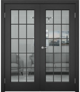 Распашная двустворчатая дверь SK005 (шпон ясень черный, стекло прозрачное) — 15081