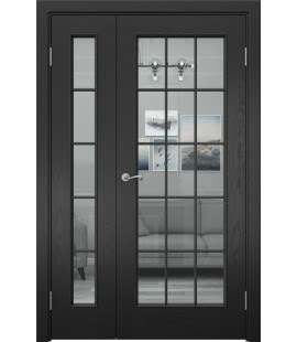 Полуторная дверь SK005 (шпон ясень черный, стекло прозрачное)