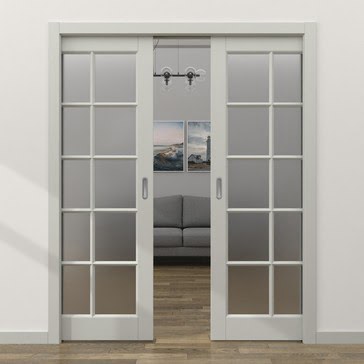 Дверь пенал раздвижная, встроенная ZK010 (эмаль светло-серая, матовое стекло)