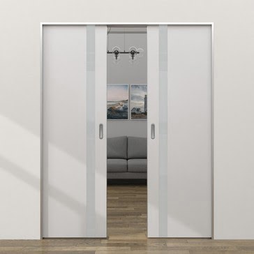 Дверь-пенал межкомнатная ZM007 (экошпон светло-серый, лакобель лунный, алюминиевая кромка с 4 сторон)