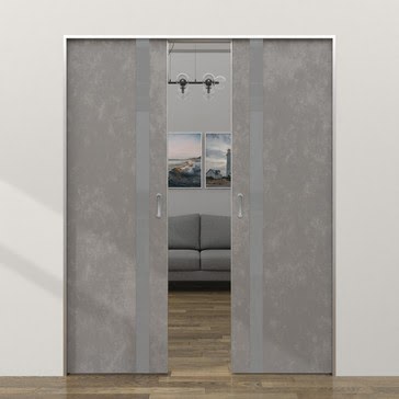 Дверь-пенал межкомнатная ZM007 (экошпон бетон, лакобель серый, алюминиевая кромка с 4 сторон)