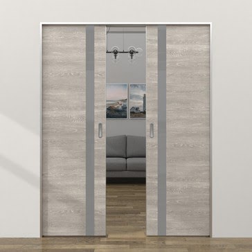 Двустворчатая дверь-пенал ZM007 (экошпон «серый дуб патина», лакобель серый, алюминиевая кромка с 4 сторон) — 18028